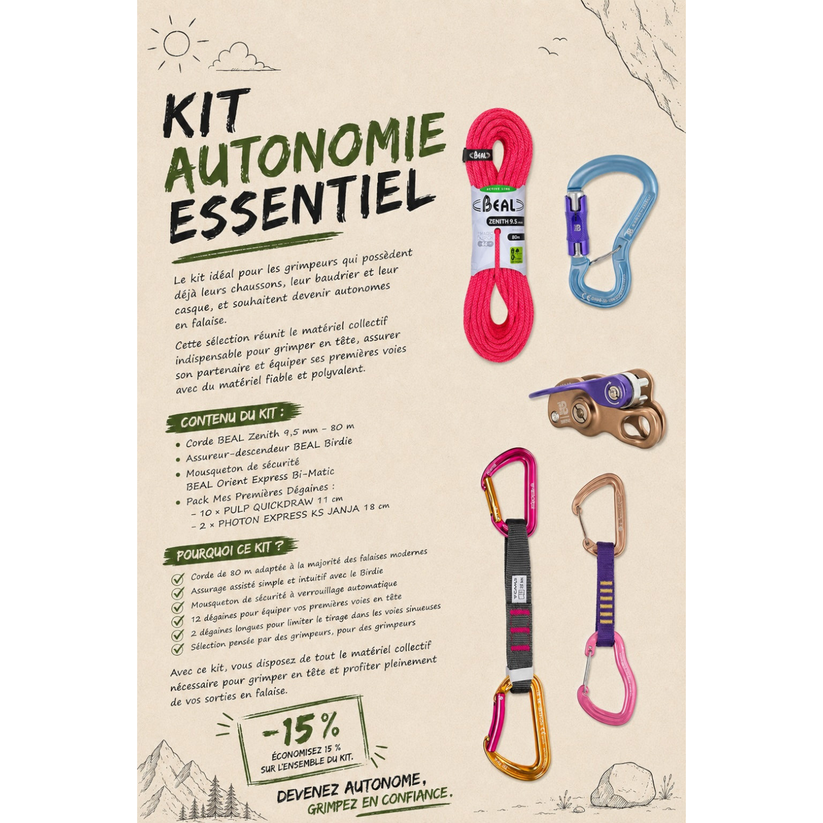 Kit Autonomie Essentiel 4c+ comprenant corde Beal, assureur Birdie, mousqueton et dégaines pour grimpeurs en falaise