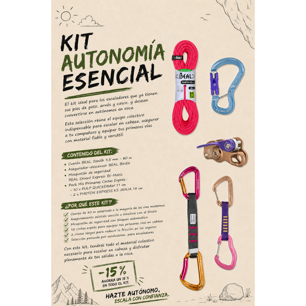 Kit Autonomie Essentiel 4c+ comprenant une corde Beal rose, un assureur Birdie, un mousqueton et des dégaines d'escalade