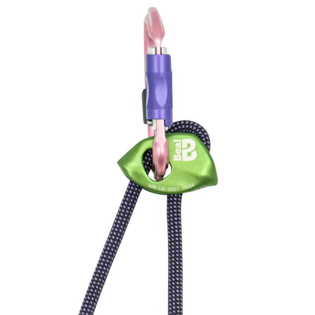 Longe double réglable 4c+ Expresso Fit avec corde violette, mousqueton rose et violet, et dispositif de réglage vert