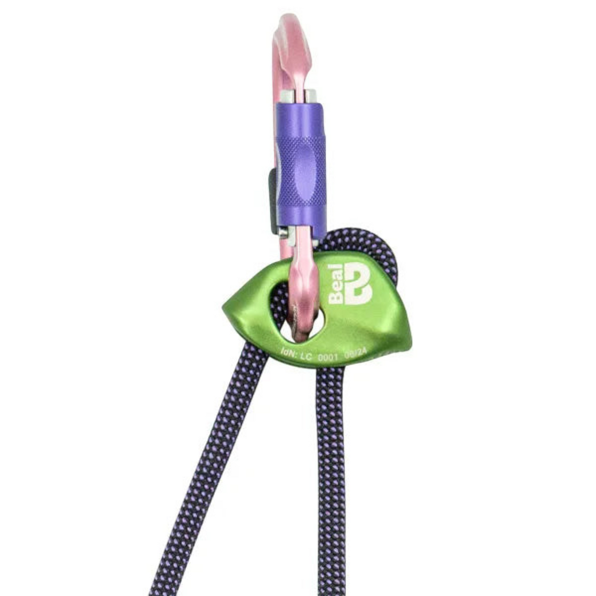 Longe double réglable 4c+ Expresso Fit avec corde violette, mousqueton rose et violet, et dispositif de réglage vert