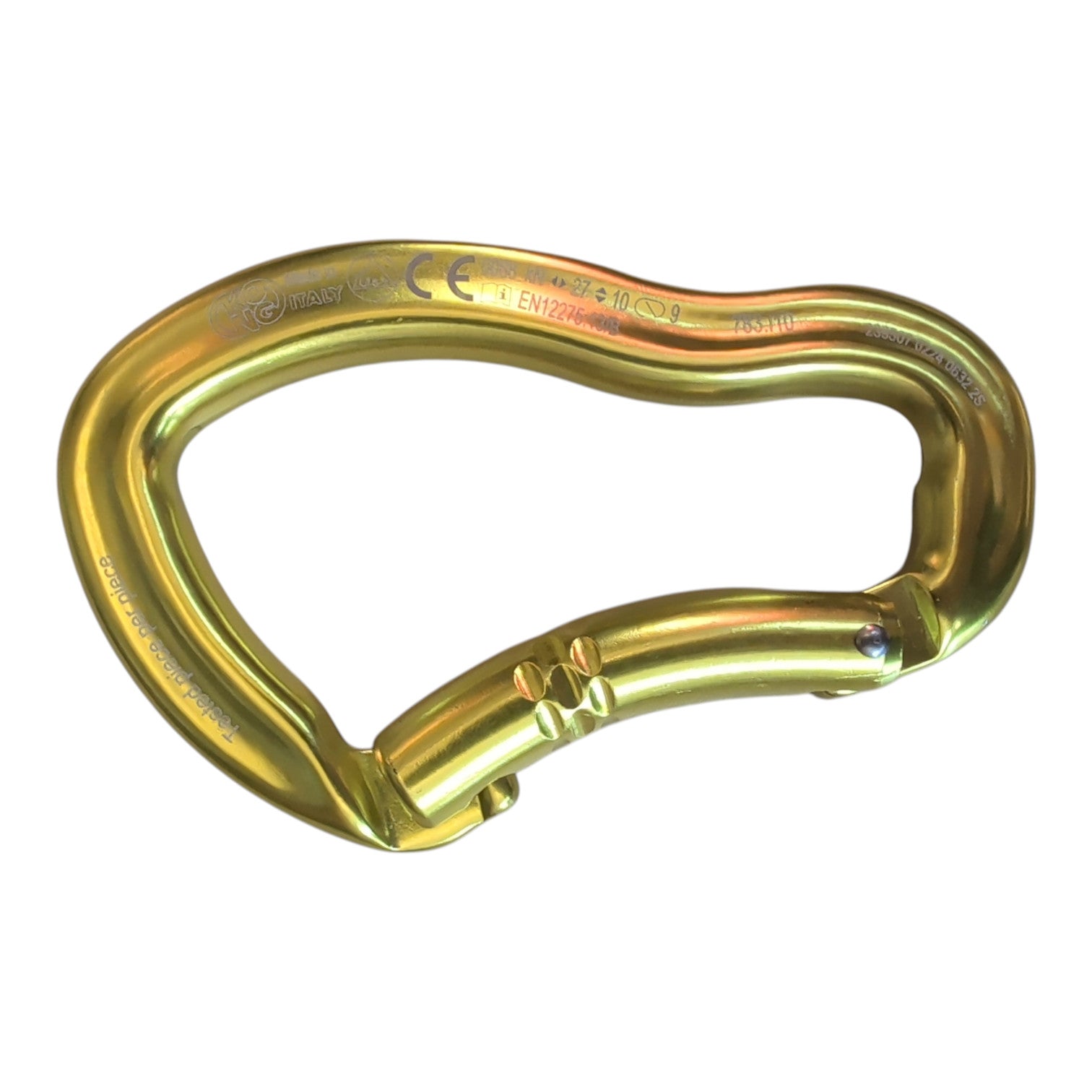 Mosquetón de escalada 4c+ Ergo Bent Gate de aluminio dorado con forma de D y sistema Keylock para mayor seguridad