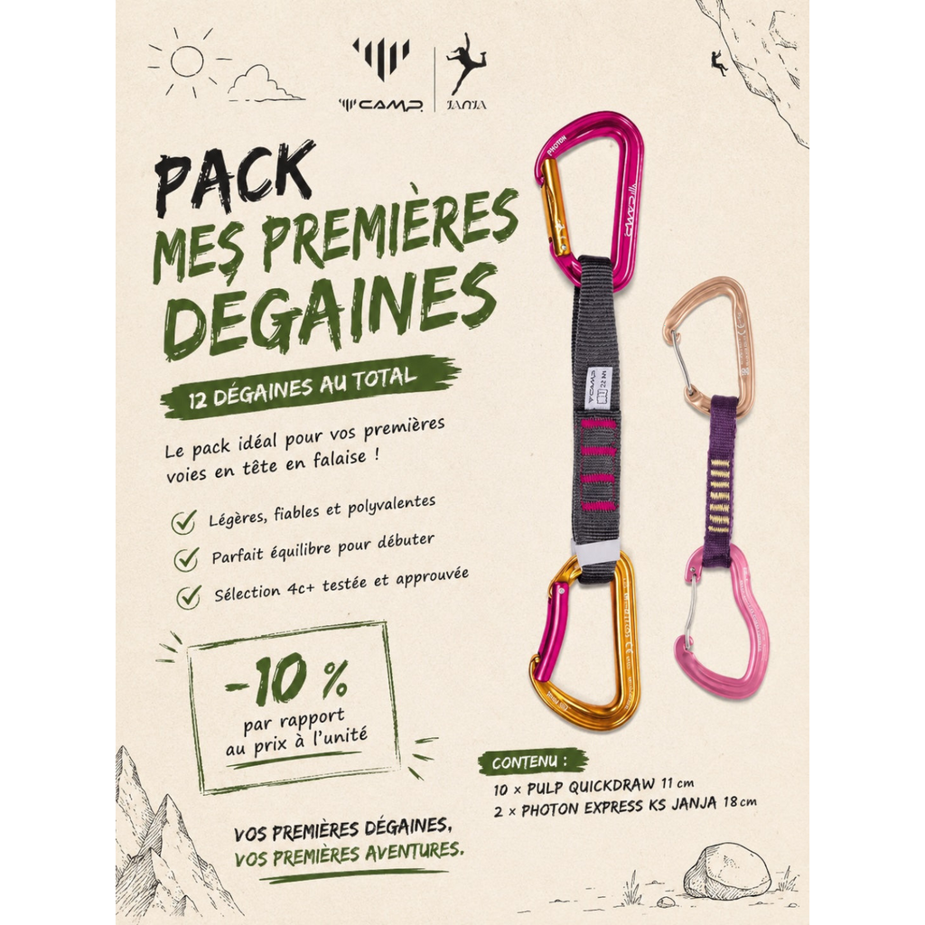 Pack de 12 dégaines 4c+ pour l'escalade, incluant des modèles Pulp et Photon Express Janja pour débuter en falaise.