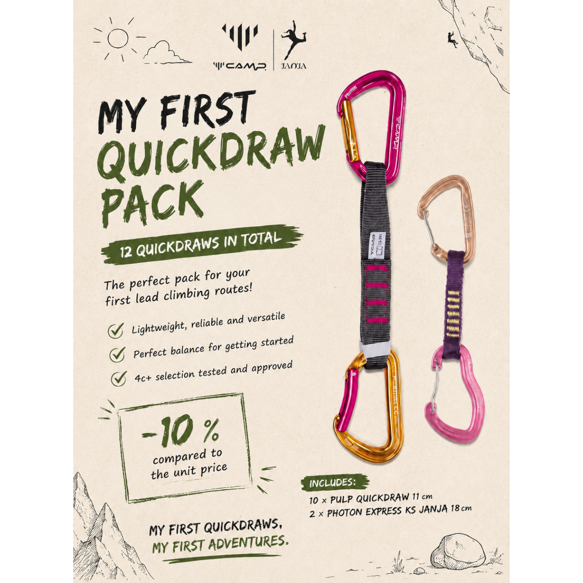 Pack de 12 dégaines 4c+ pour l'escalade, incluant des modèles Pulp et Photon Express Janja pour débuter en falaise.