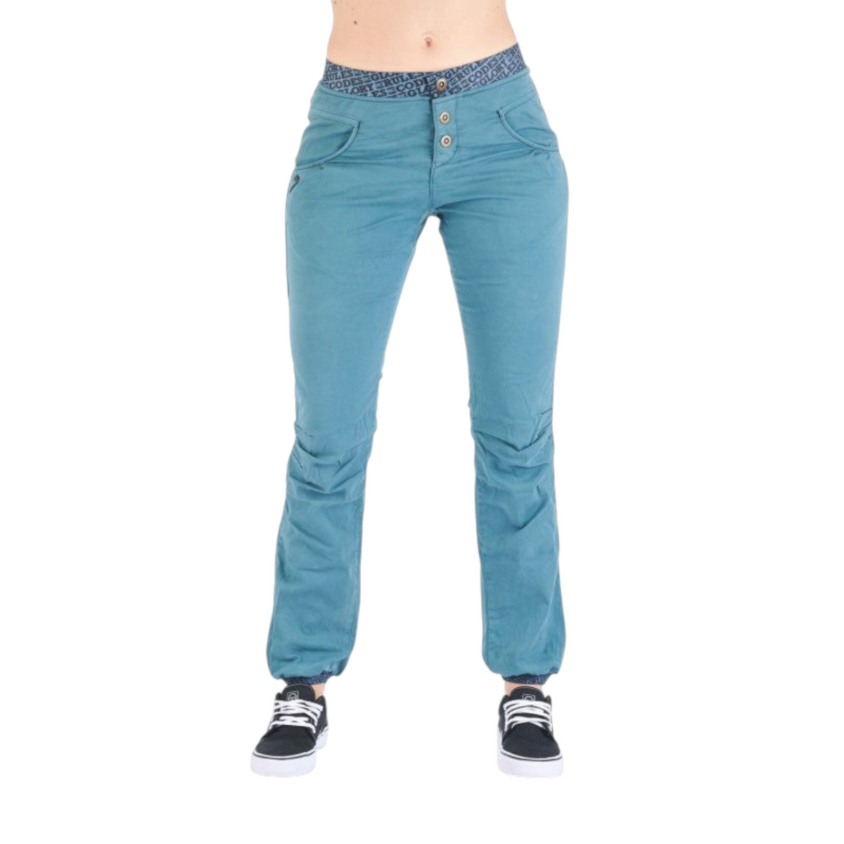Pantalon d'escalade 4c+ Sahel bleu avec coupe ergonomique, taille élastique imprimée et poches fonctionnelles