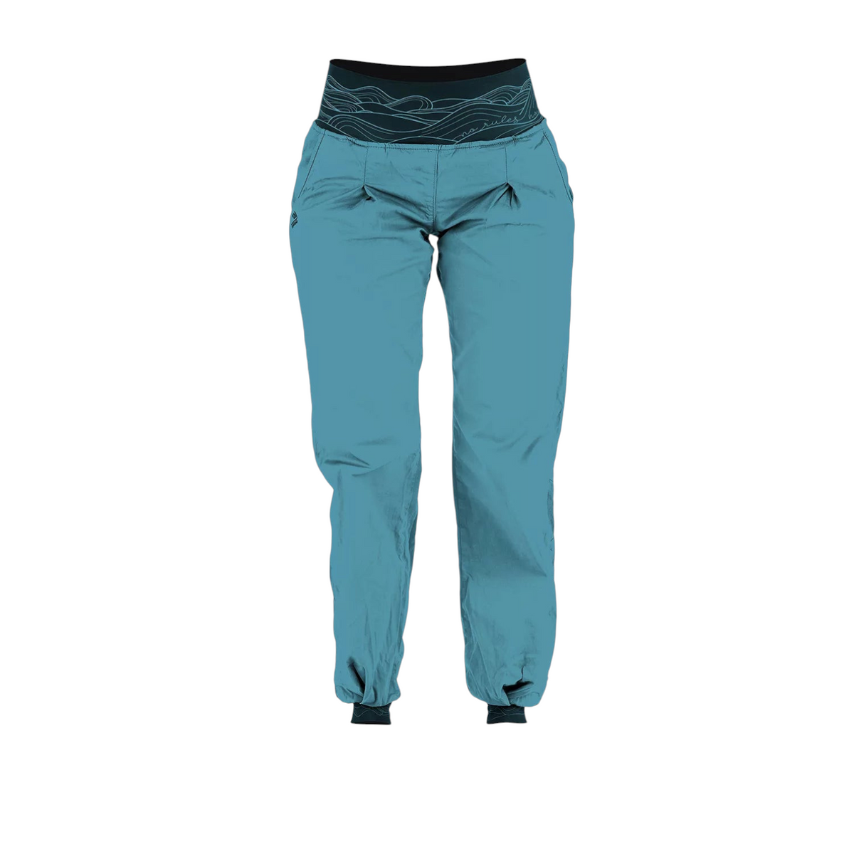 Pantalon d'escalade 4c+ Dune bleu avec ceinture large en lycra imprimée et chevilles resserrées pour femme