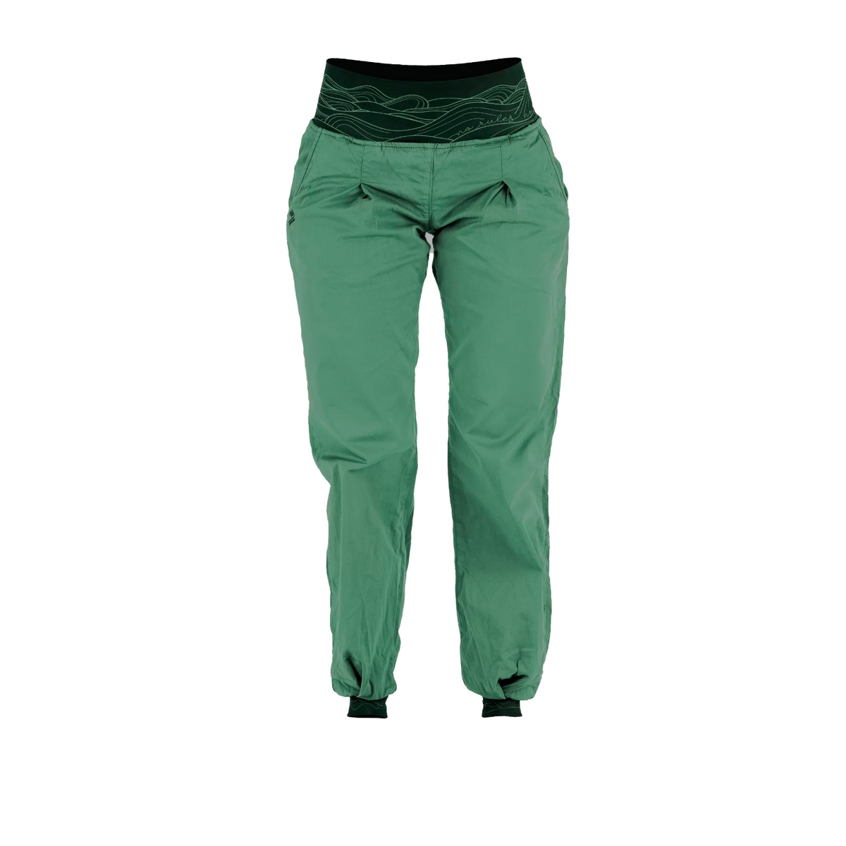 Pantalon d'escalade 4c+ Dune vert avec ceinture large en lycra et bas de jambes resserrés pour une liberté totale