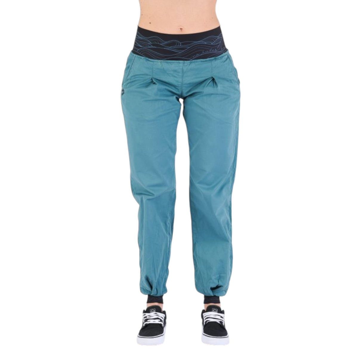 Pantalon d'escalade 4c+ Dune pour femme bleu pétrole avec ceinture large en lycra à motifs et chevilles élastiquées