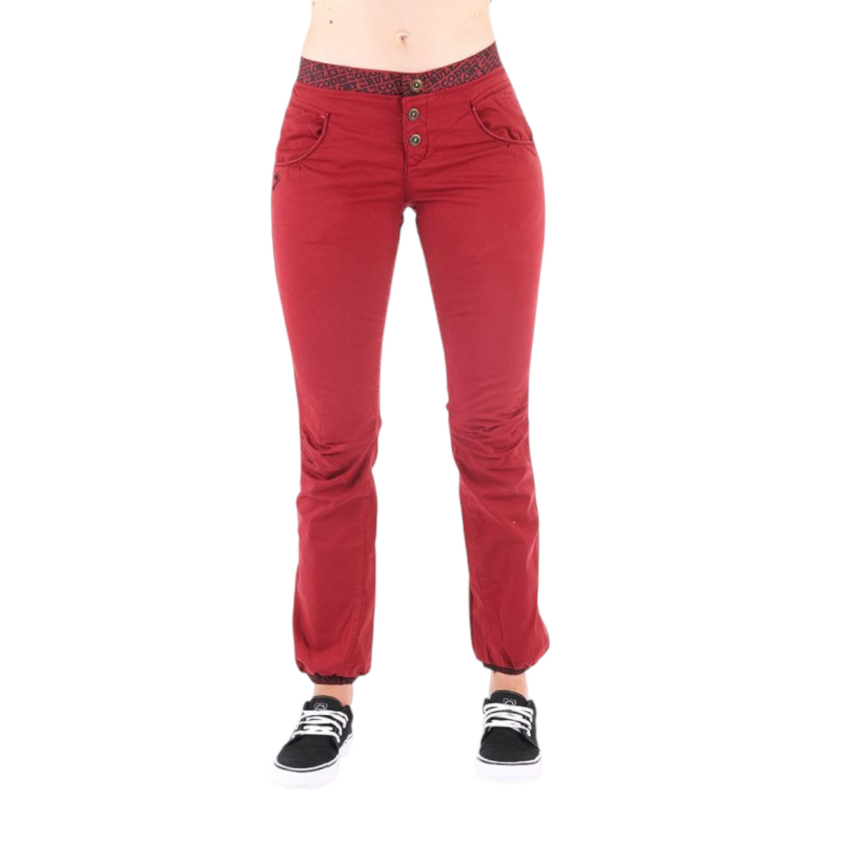 Pantalon d'escalade 4c+ Sahel rouge pour femme avec coupe ergonomique et ceinture élastique à motifs