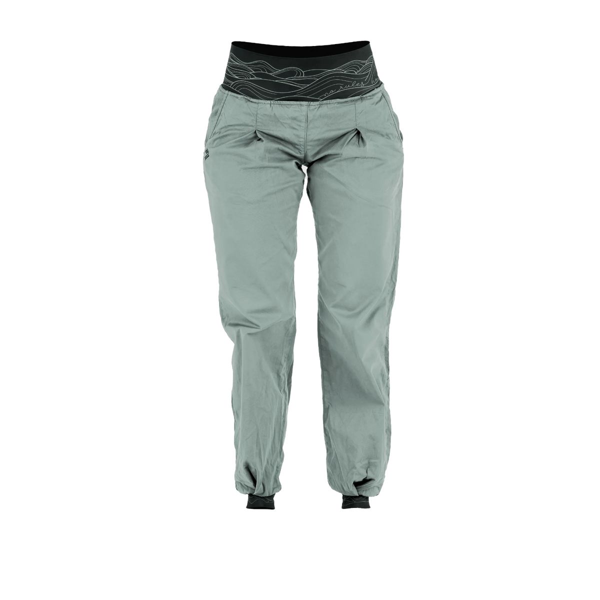 Pantalon d'escalade 4c+ Dune pour femme, couleur vert sauge, avec ceinture large en lycra et bas de jambes resserrés