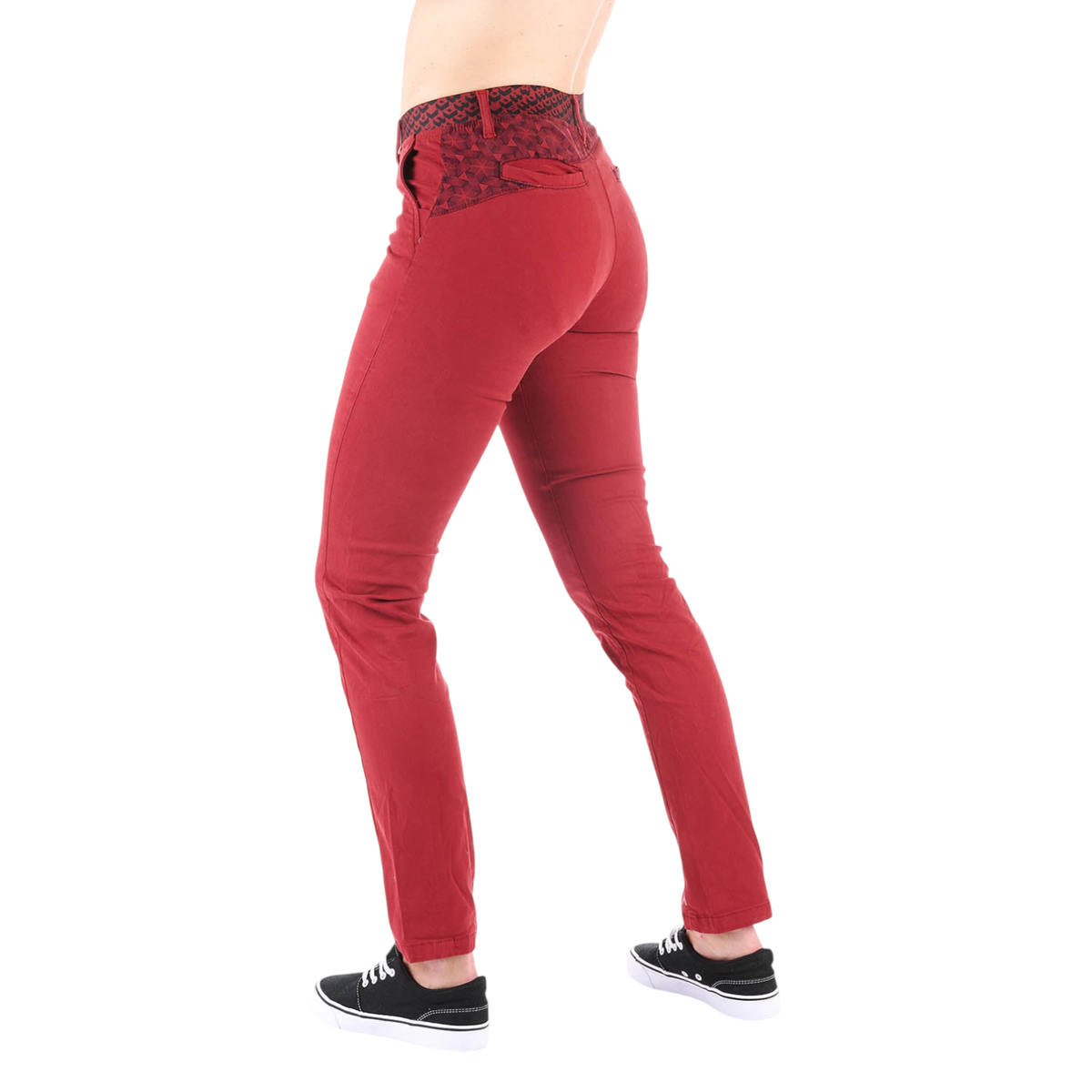 Pantalon Grease femme 4c+ rouge foncé en coton stretch avec coupe ajustée et détails imprimés à la taille