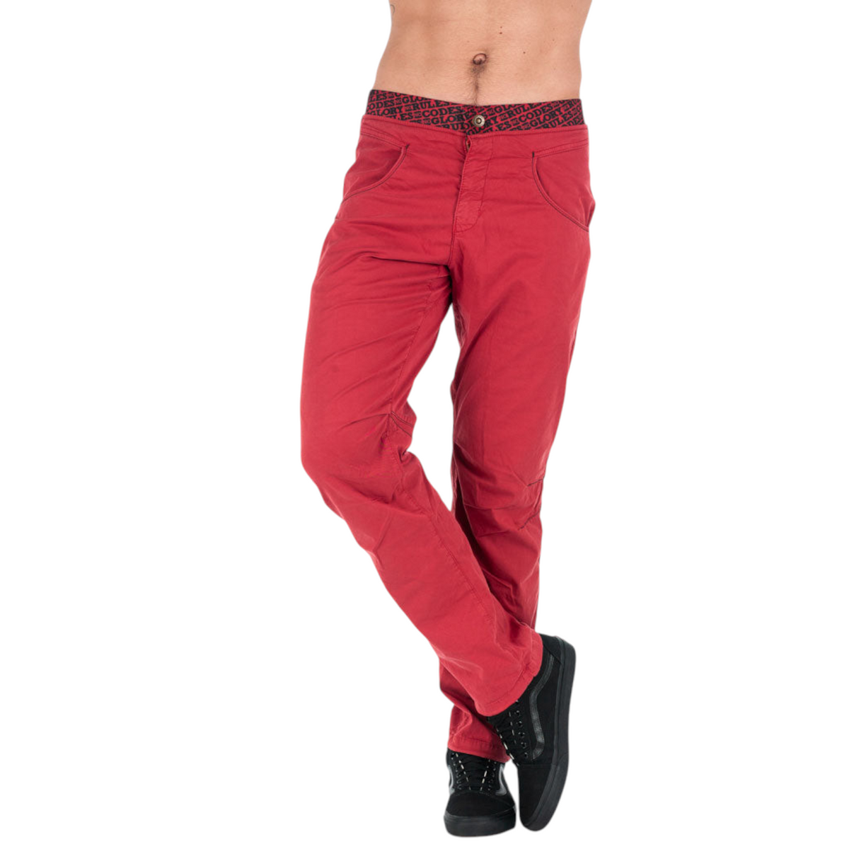 Pantalon d'escalade rouge 4c+ Sahel en coton stretch avec ceinture élastique imprimée et genoux préformés