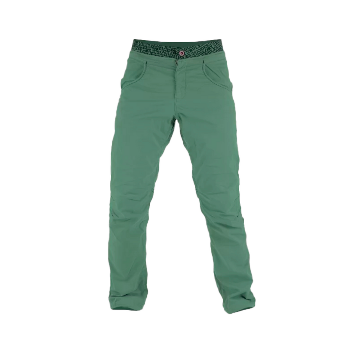 Pantalon d'escalade 4c+ Sahel vert en coton stretch avec genoux préformés et ceinture élastique intégrée