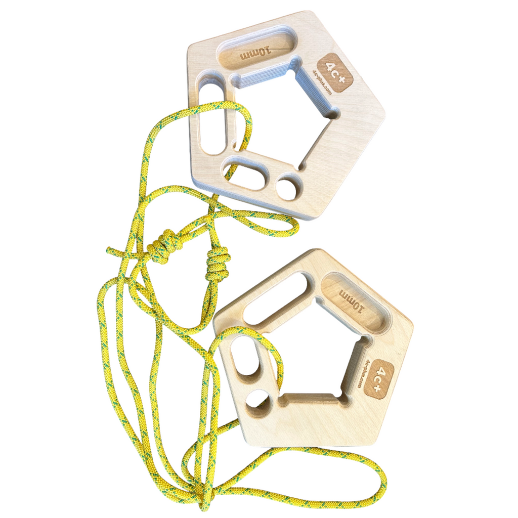 Paire de prises d'escalade Pentagon 4c+ en bois clair avec corde jaune pour l'entraînement de la force des doigts