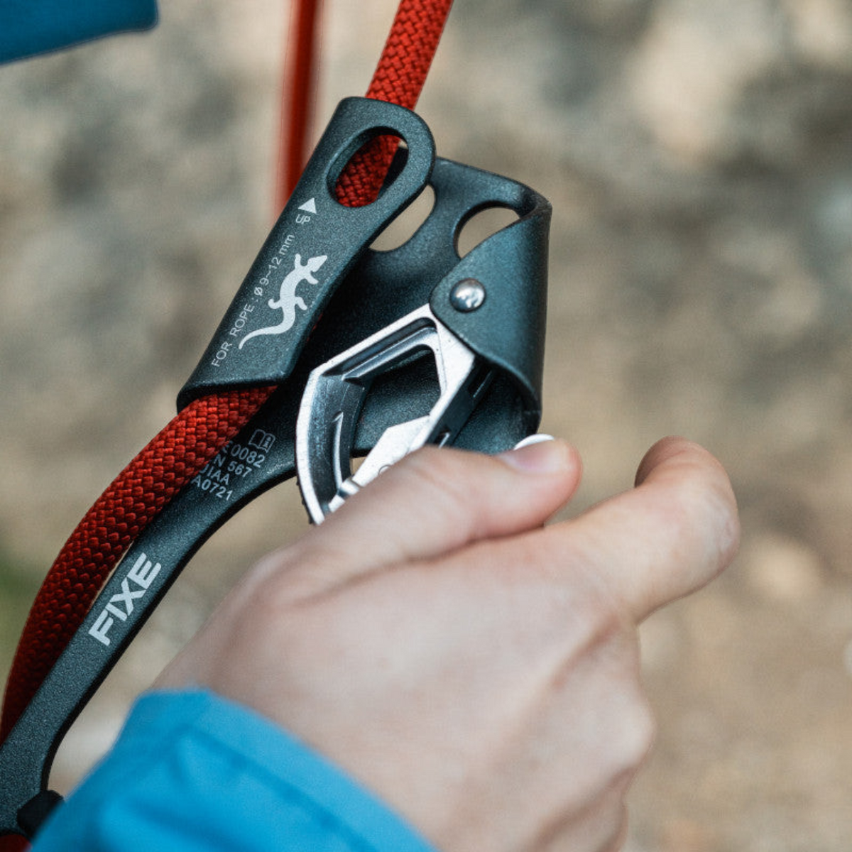 Poignée bloquante Fixe Ascender Capitan grise pour main droite sur corde rouge, vendue par 4c+