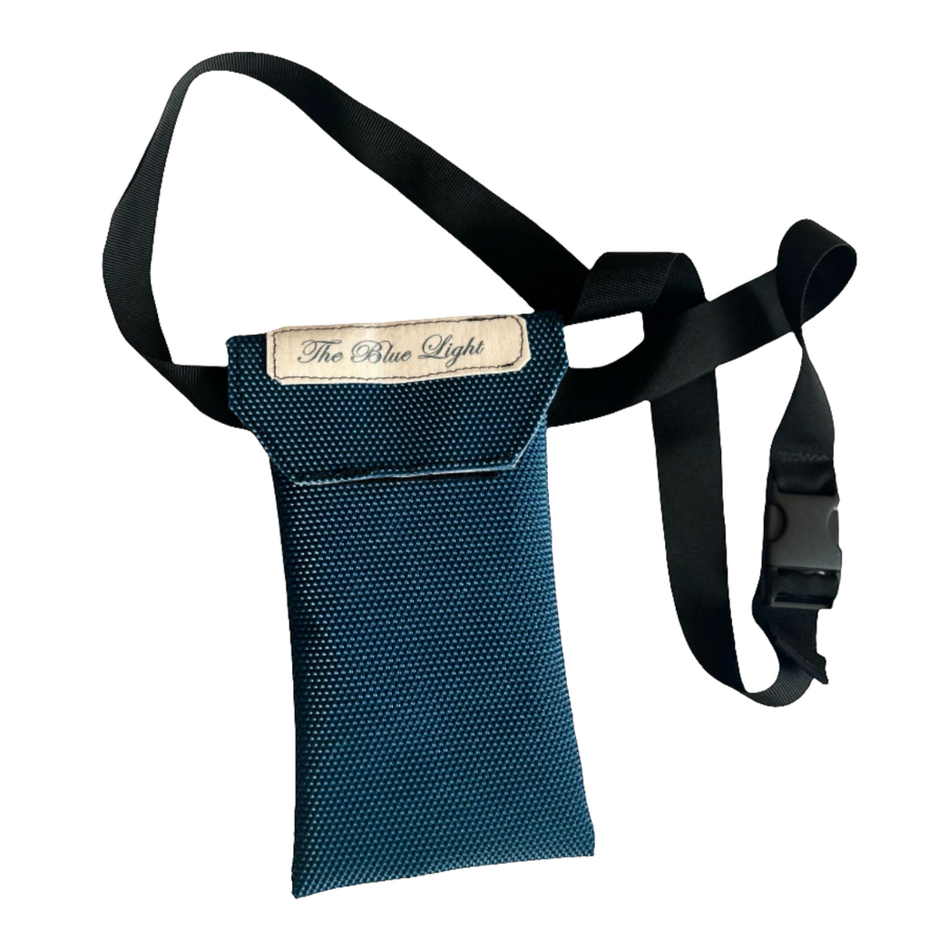 Porte-téléphone bleu 4c+ pour escalade en grande voie avec ceinture ajustable et étiquette The Blue Light