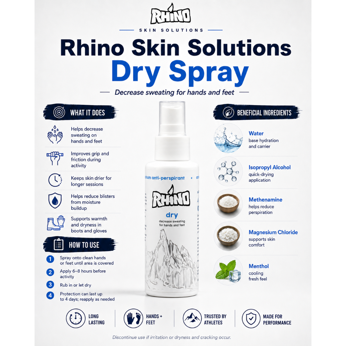 Spray antitranspirant 4c+ Rhino Dry pour mains et pieds, idéal pour l'escalade et les sports intenses