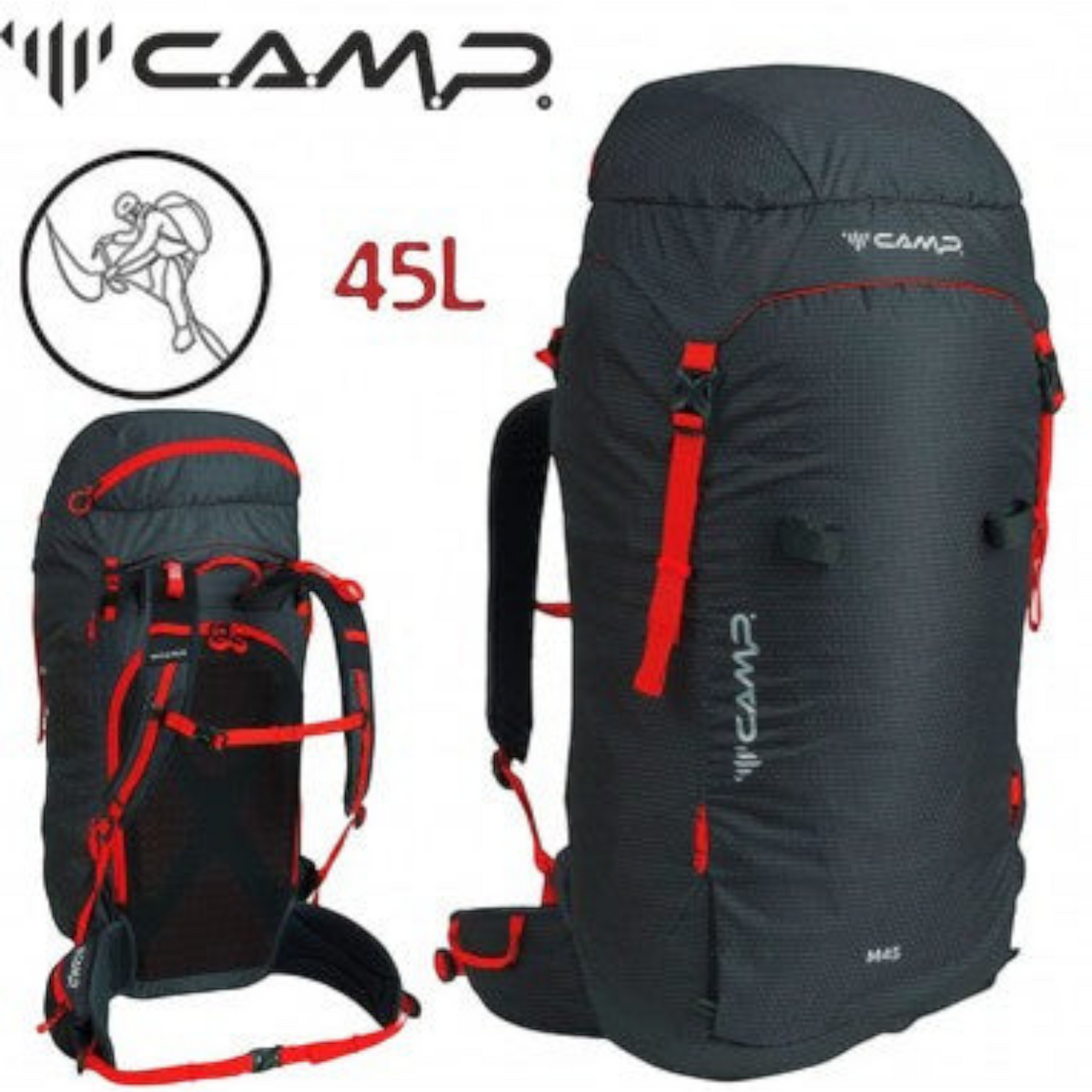Sac à dos d'alpinisme 4c+ CAMP M45 anthracite et rouge de 45 litres avec système d'ouverture dorsale Full BackDoor