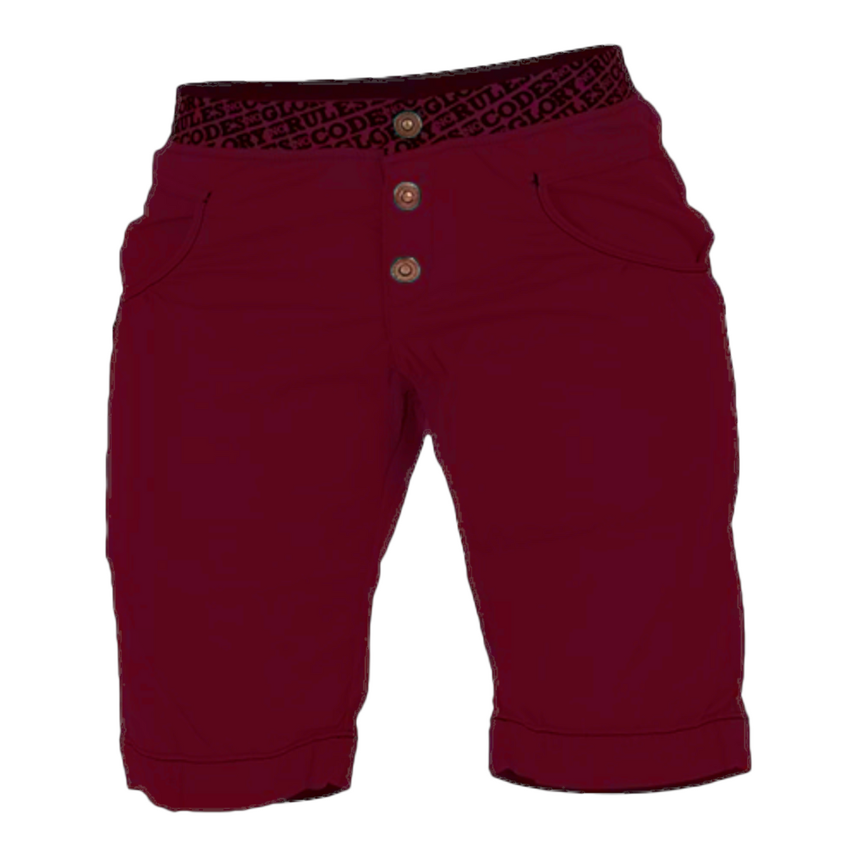 Short d'escalade 4c+ Sahel pour femme, couleur bordeaux, arrivant au genou avec une ceinture élastique imprimée.