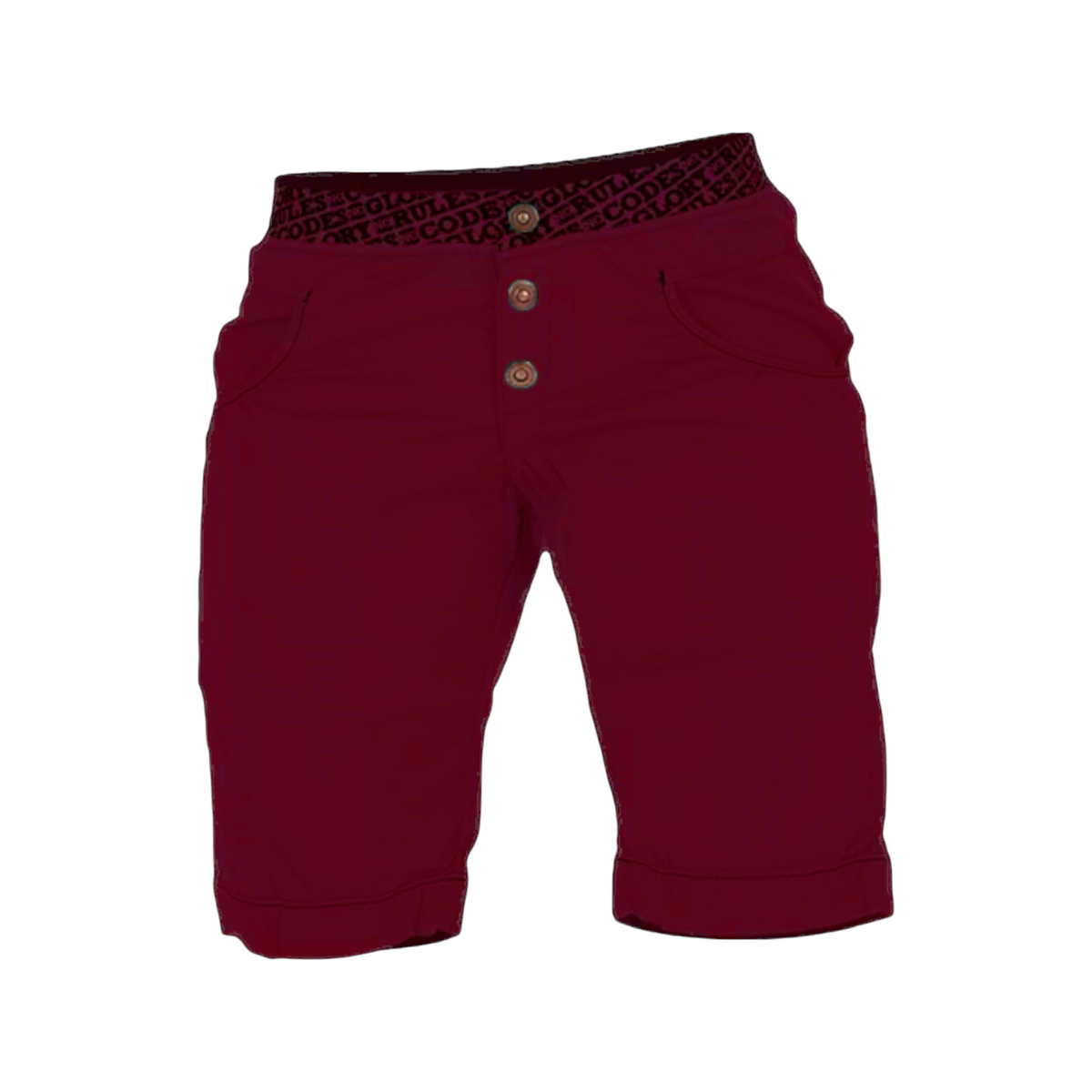 Short d'escalade 4c+ Sahel pour femme, couleur bordeaux, arrivant au genou avec une ceinture élastique imprimée.