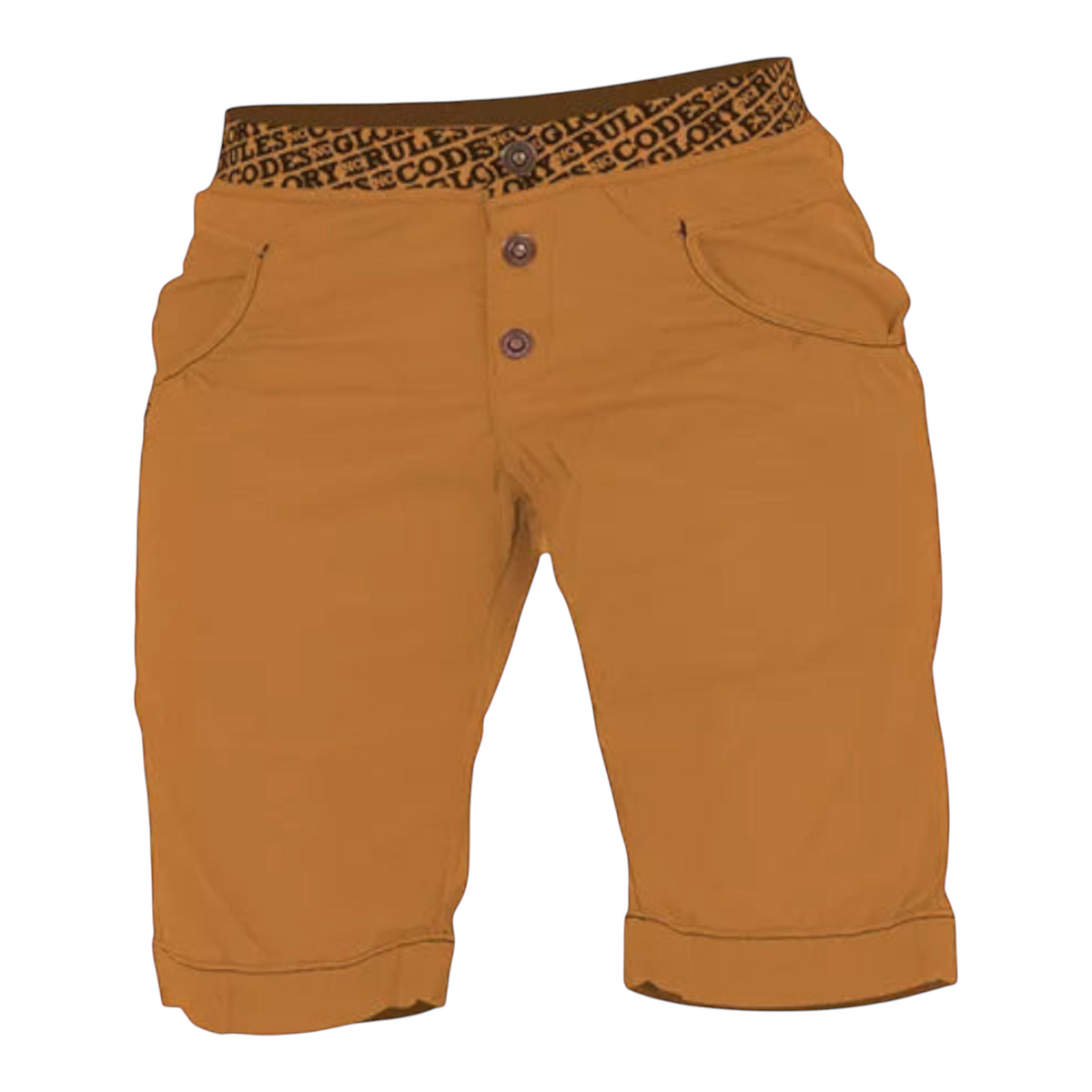 Short d'escalade 4c+ Sahel pour femme en coton ocre avec ceinture élastique imprimée et fermeture à boutons