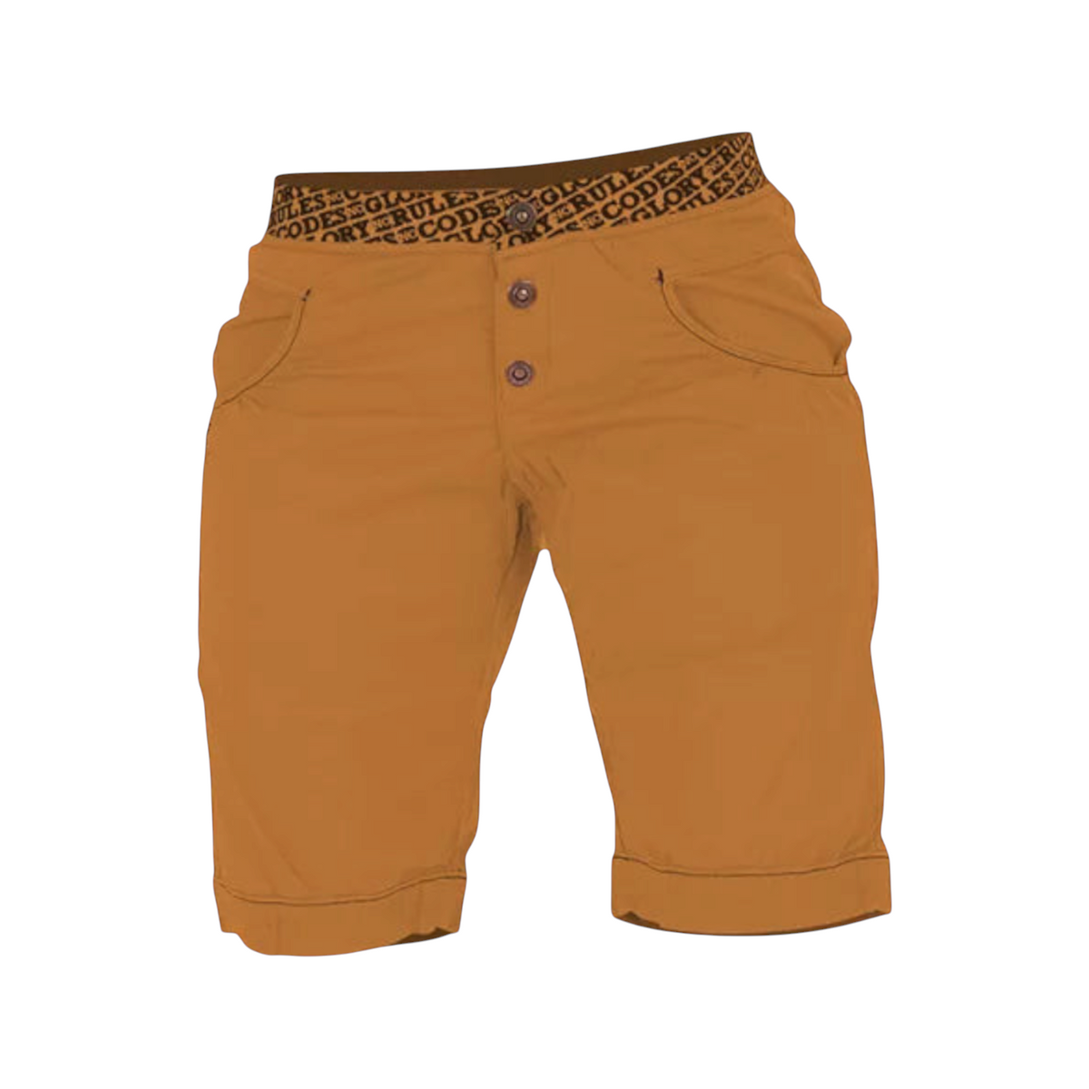 Short d'escalade 4c+ Sahel pour femme en coton ocre avec ceinture élastique imprimée et fermeture à boutons