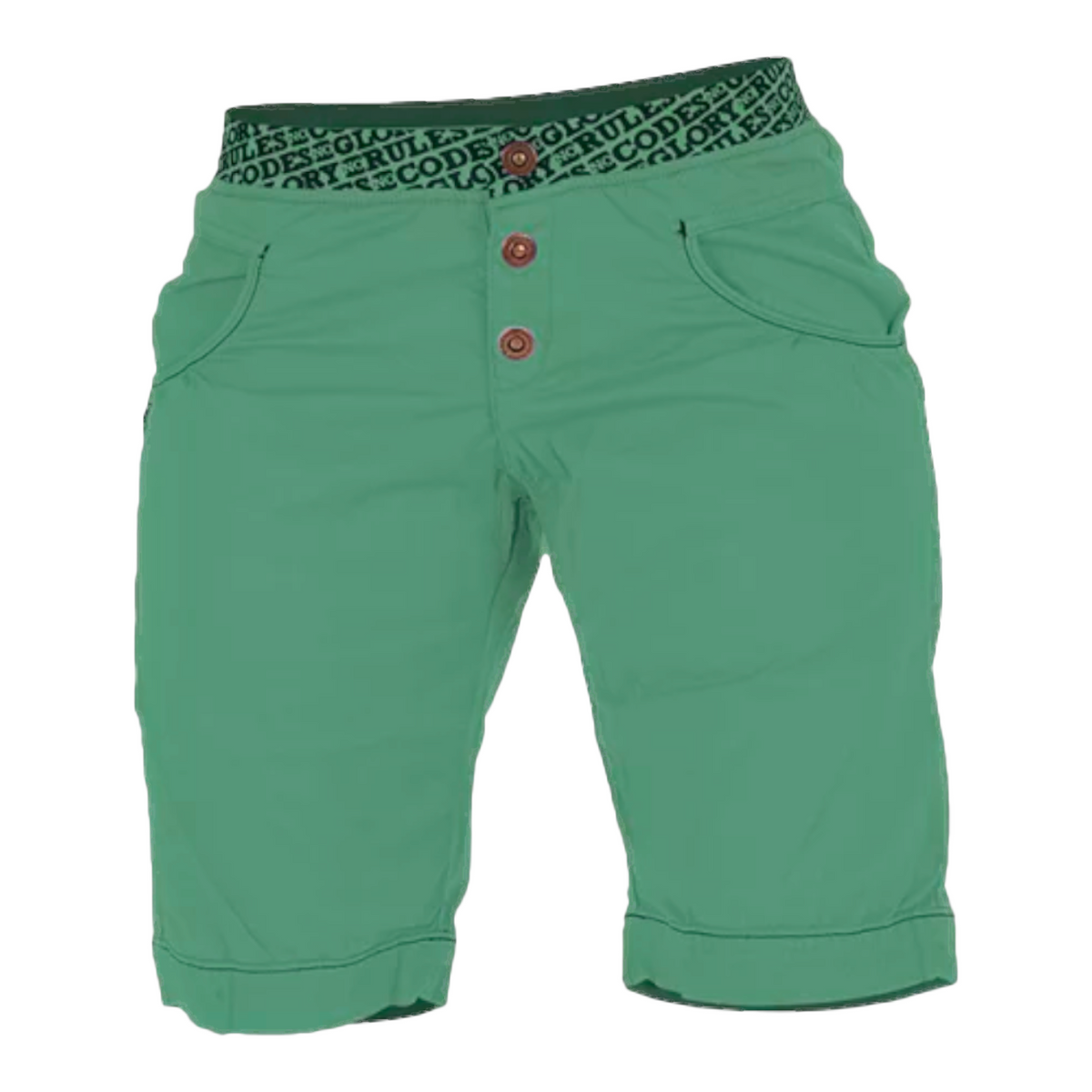 Short d'escalade 4c+ Sahel pour femme, vert, arrivant au genou avec une ceinture élastique imprimée et boutons
