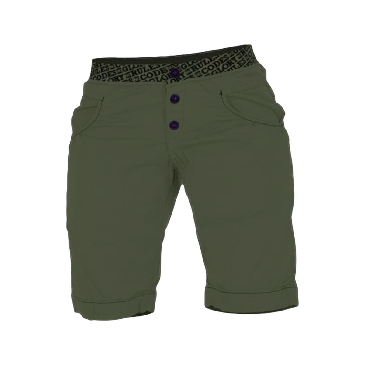 Short d'escalade 4c+ Sahel pour femme en coton vert olive avec ceinture élastique imprimée et boutons contrastants