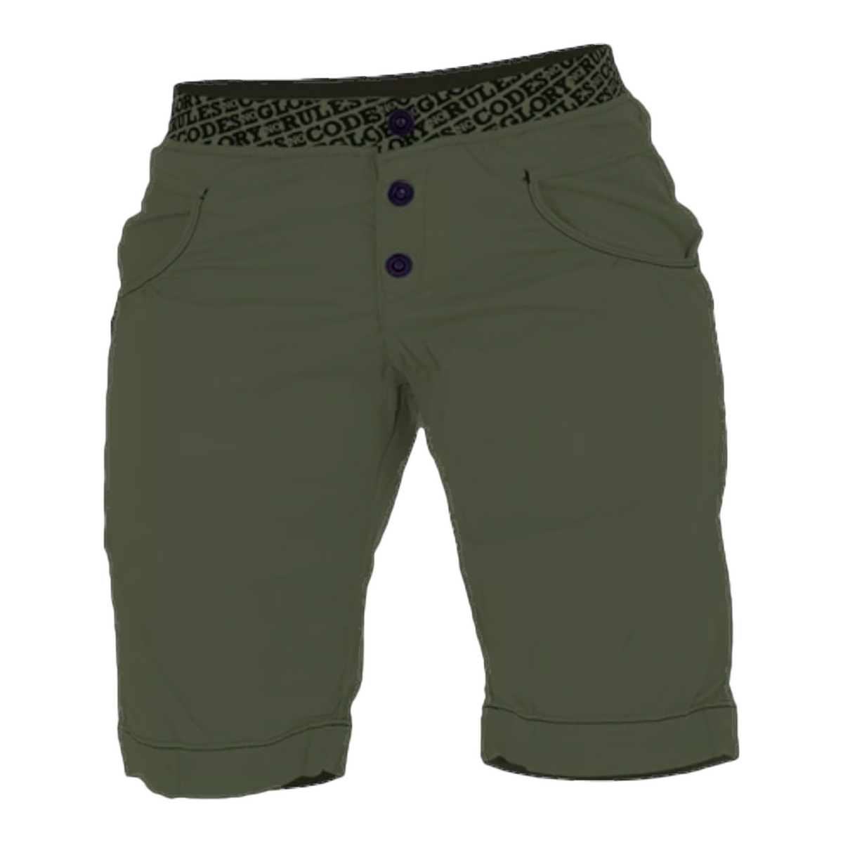 Short d'escalade 4c+ Sahel pour femme en coton vert olive avec ceinture élastique imprimée et boutons contrastants
