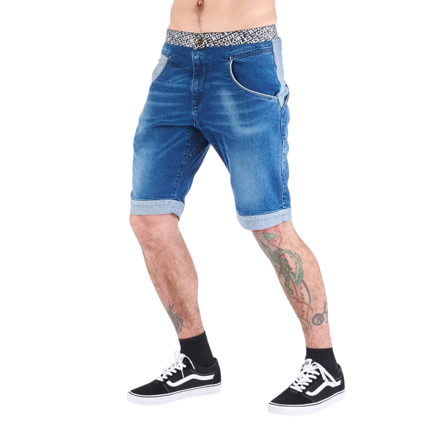 Short d'escalade Nograd Sahel bleu en jean avec ceinture élastique imprimée 4c+ porté par un homme