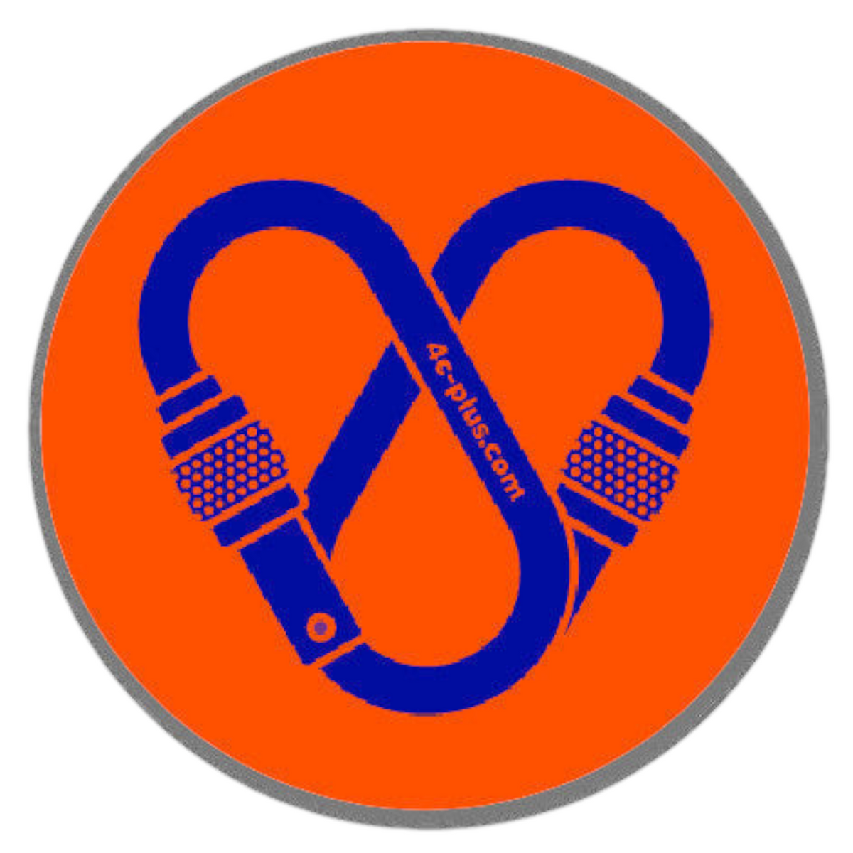 Sticker rond 4c+ orange avec un motif de mousqueton bleu en forme de cœur, idéal pour personnaliser votre matériel.