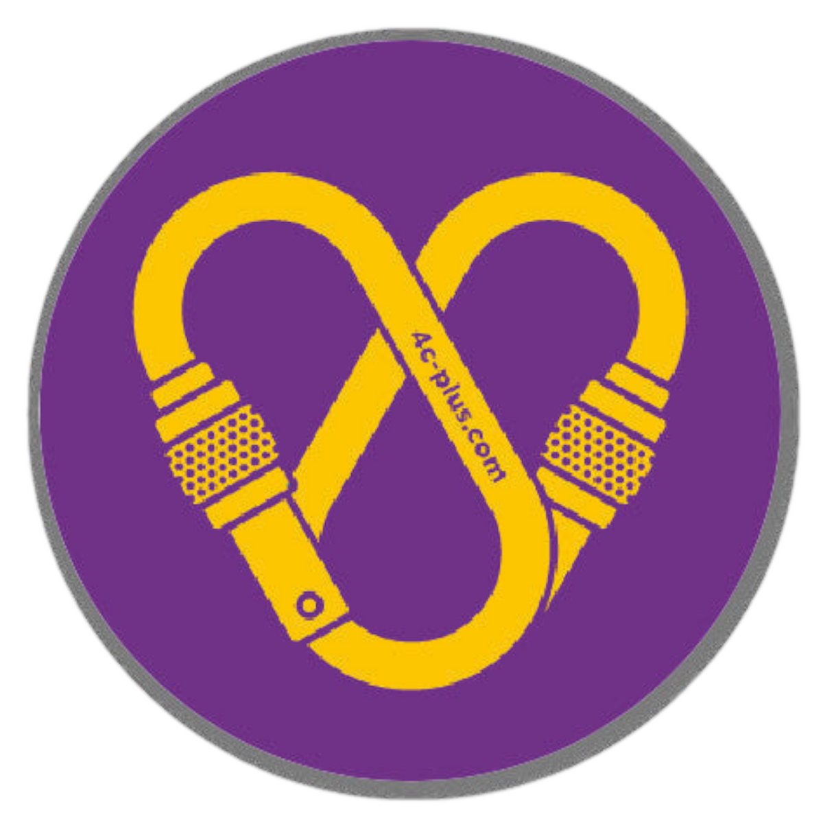 Sticker rond 4c+ en vinyle violet avec un mousqueton jaune en forme de cœur pour équipement outdoor