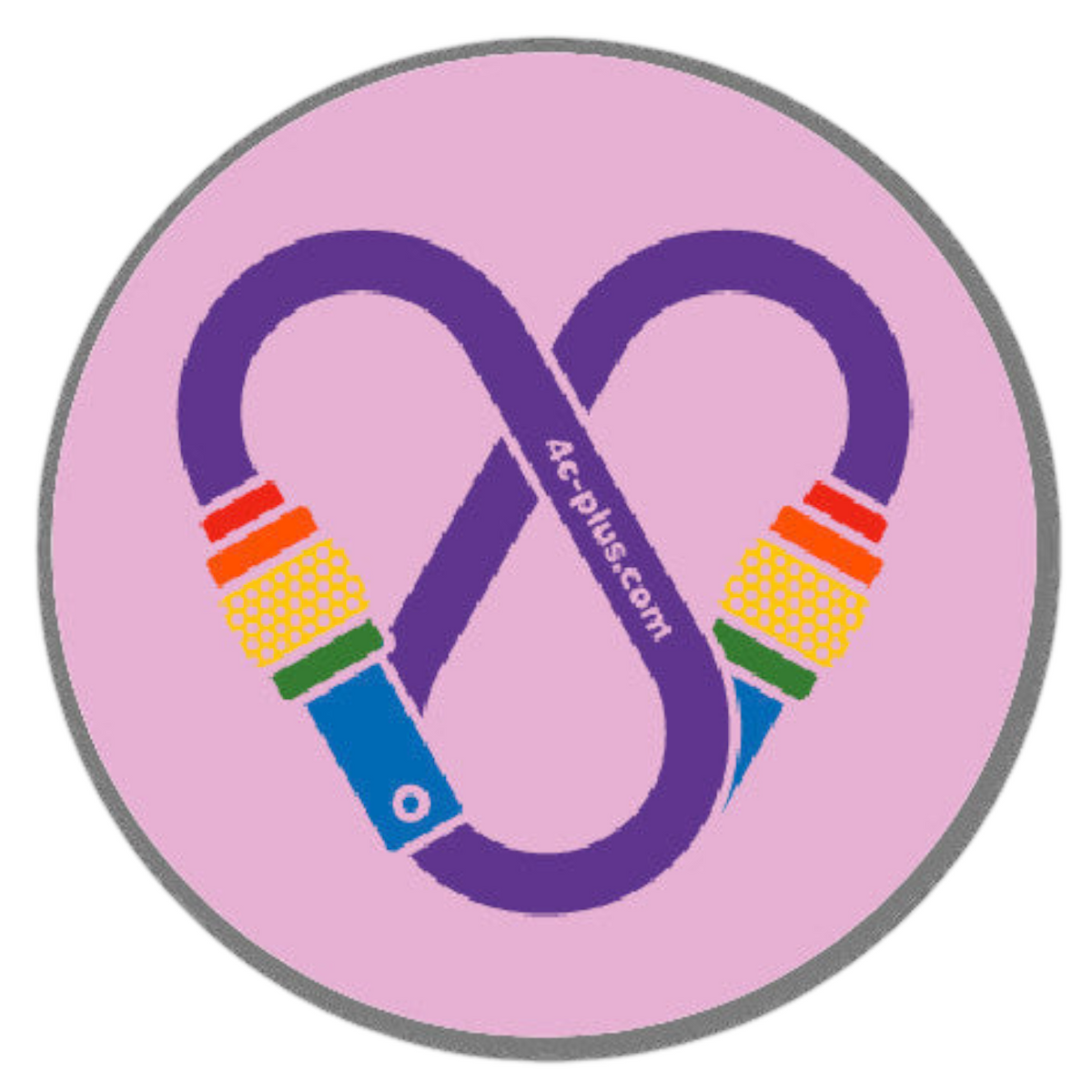 Sticker rond 4c+ en vinyle rose avec un motif de mousqueton violet en forme de cœur pour équipement outdoor
