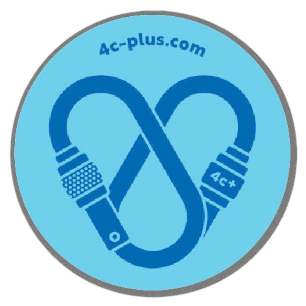 Sticker rond 4c+ en vinyle bleu avec un motif de mousqueton en forme de cœur, résistant à l'eau pour usage outdoor.