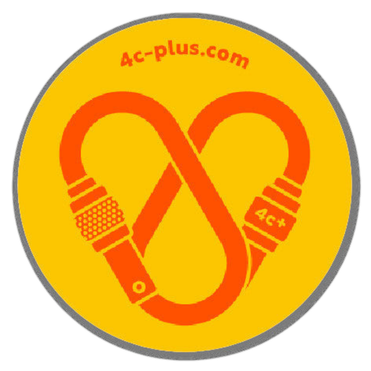 Sticker rond 4c+ en vinyle jaune et orange avec un motif de mousqueton, résistant à l'eau pour usage extérieur.