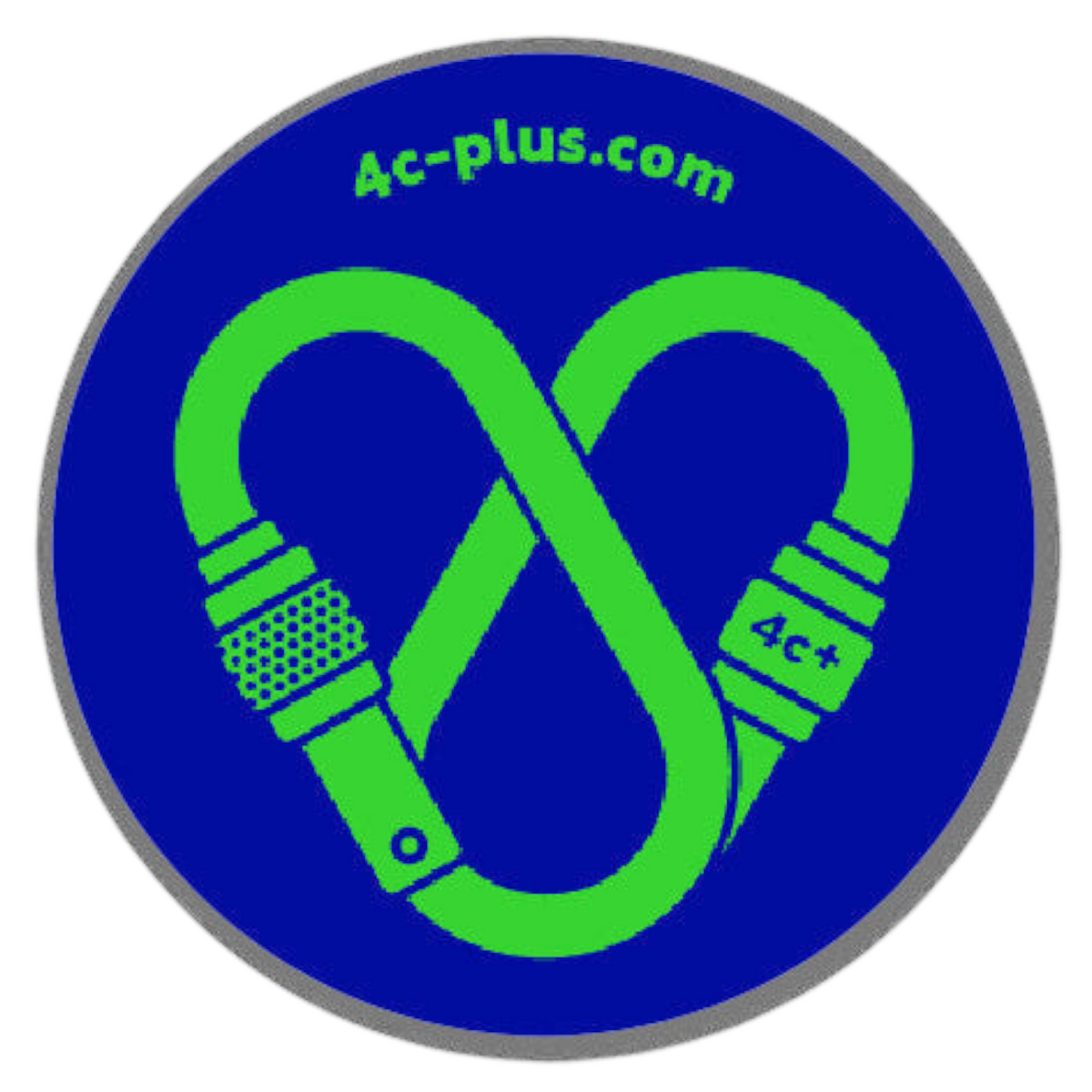 Sticker rond 4c+ en vinyle bleu et vert avec un motif de mousqueton, idéal pour personnaliser votre équipement.