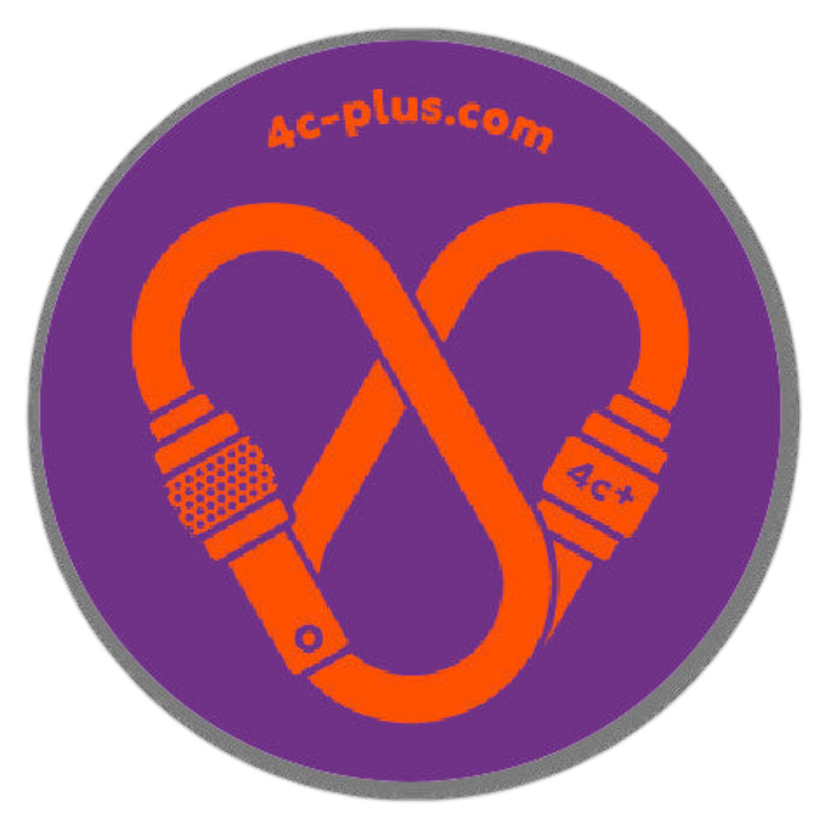 Sticker rond 4c+ en vinyle violet avec un motif de mousqueton orange en forme de cœur pour équipement outdoor