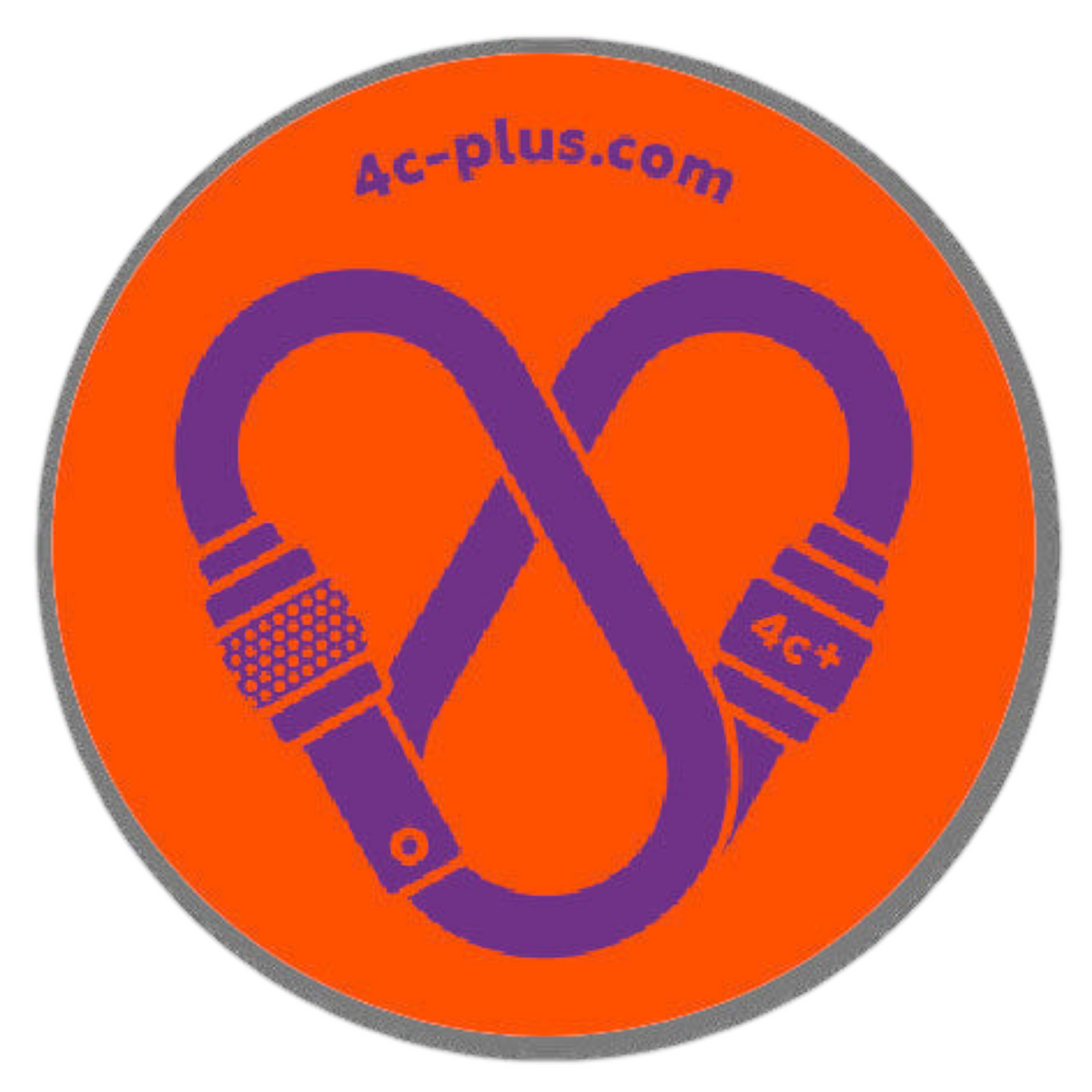 Sticker rond 4c+ en vinyle orange et violet avec un motif de mousqueton en forme de cœur pour équipement outdoor