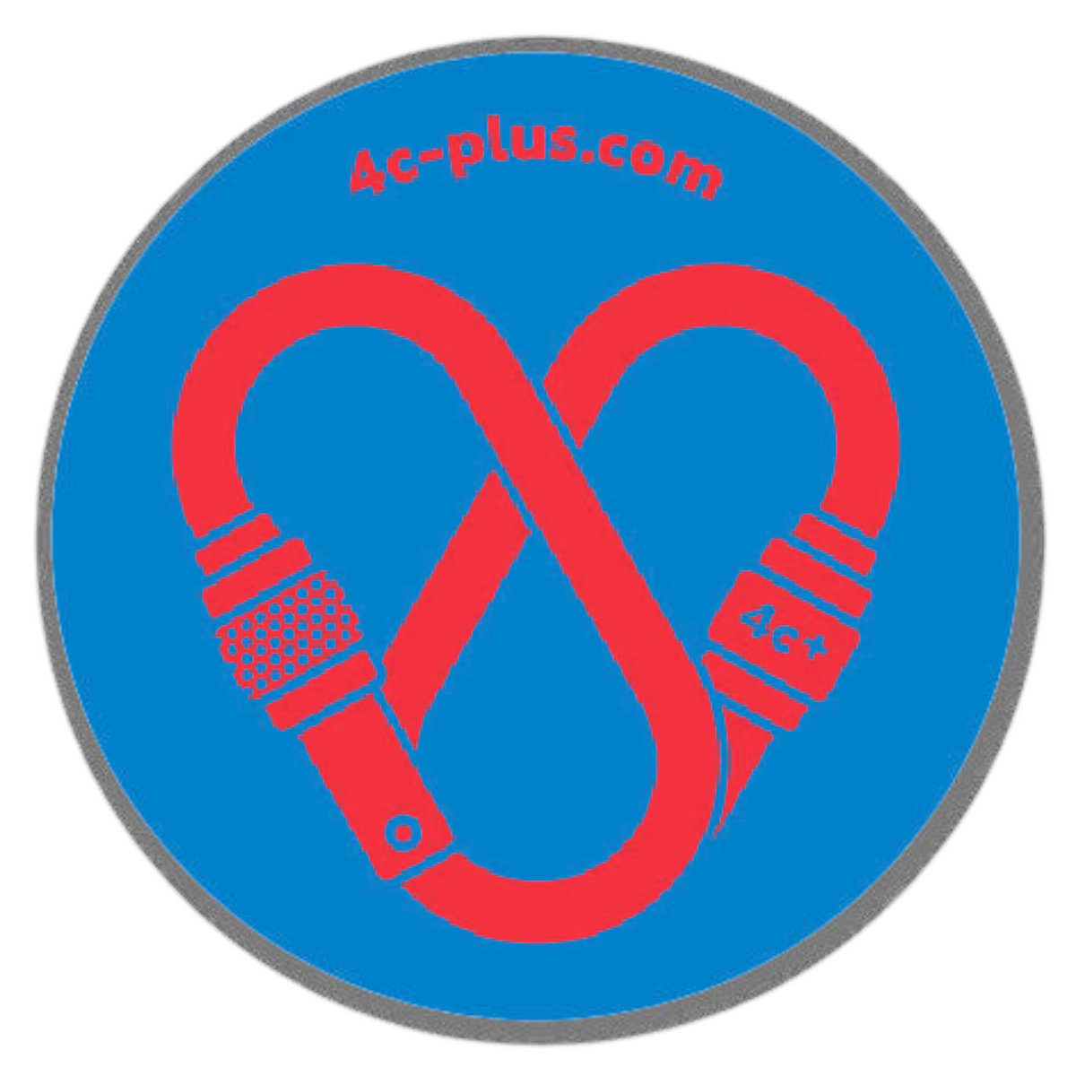Sticker rond 4c+ en vinyle bleu avec un motif de mousqueton rouge en forme de cœur pour équipement outdoor
