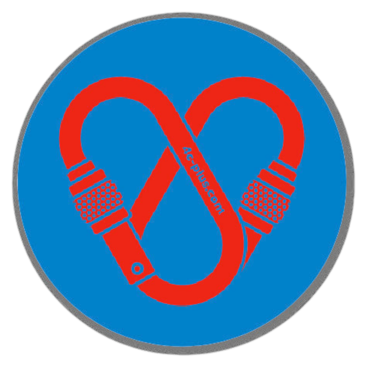 Sticker rond 4c+ en vinyle bleu avec un mousqueton rouge en forme de cœur pour équipement outdoor