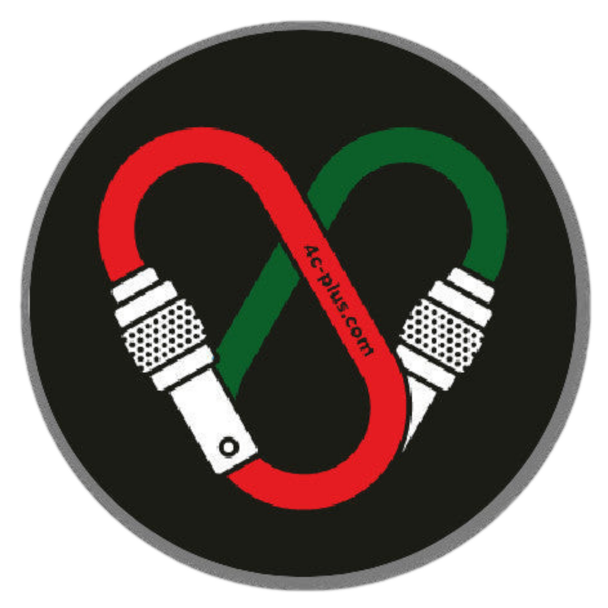 Sticker rond 4c+ en vinyle noir avec un motif de mousquetons entrelacés rouge et vert en forme de cœur
