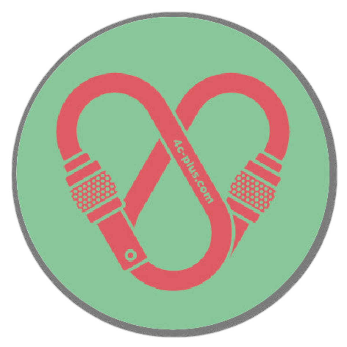 Sticker rond 4c+ en vinyle vert avec un motif de mousqueton rouge en forme de cœur pour équipement outdoor