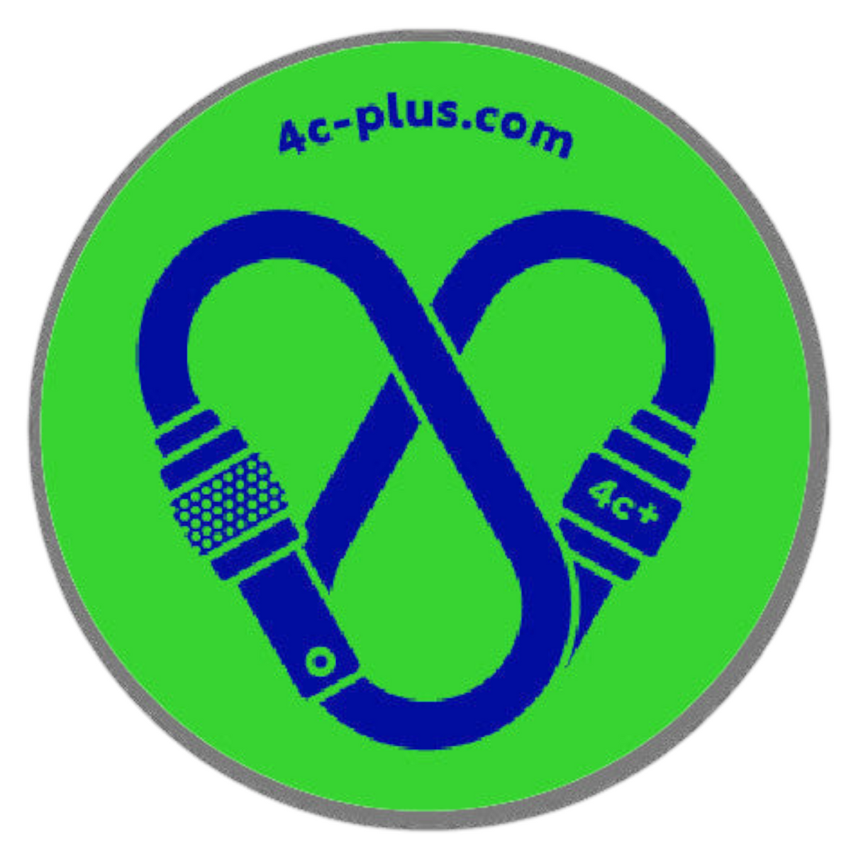 Sticker rond 4c+ en vinyle vert avec un motif de mousqueton bleu, idéal pour personnaliser votre équipement outdoor.