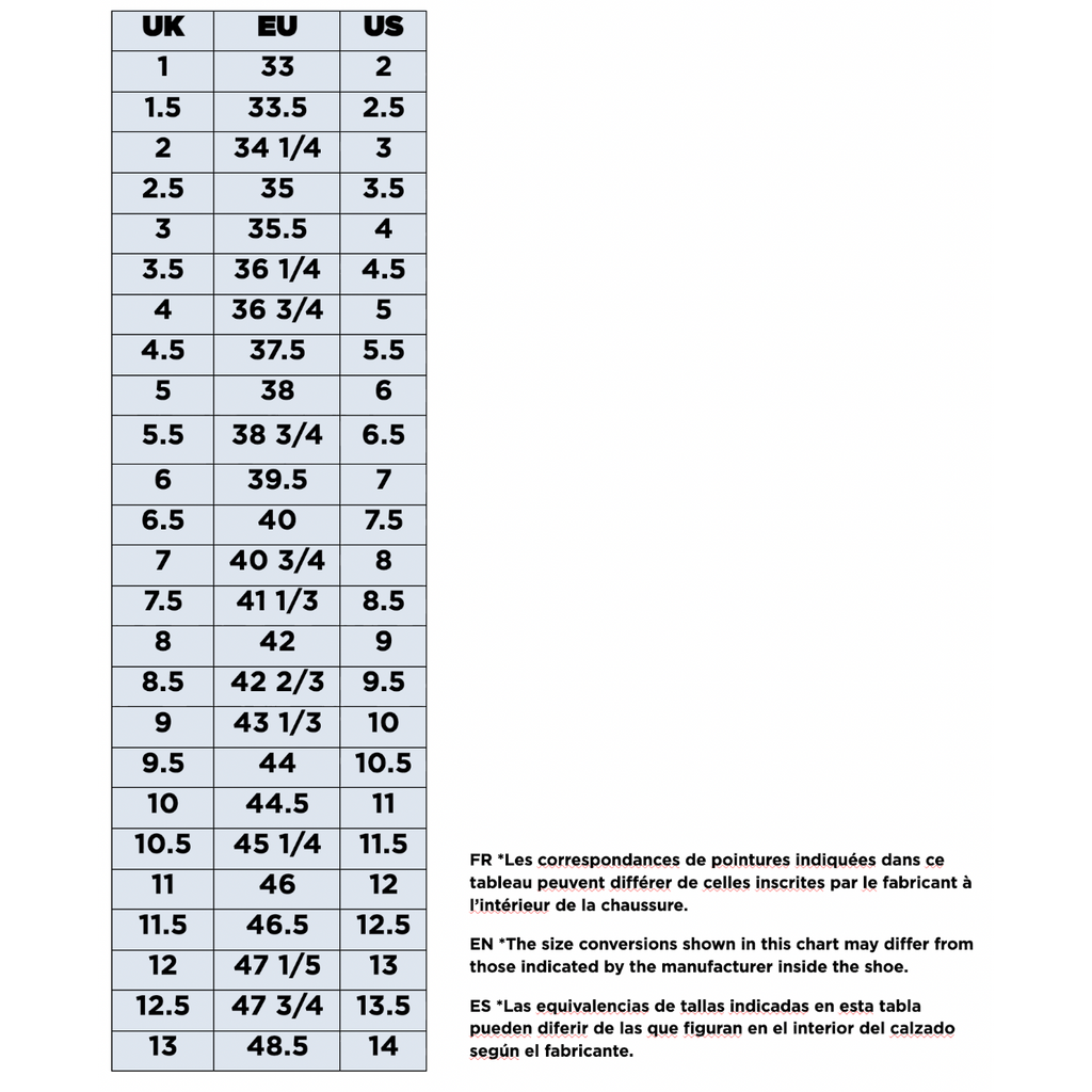 Tableau de conversion des pointures 4c+ pour chaussures d'escalade affichant les équivalences UK, EU et US
