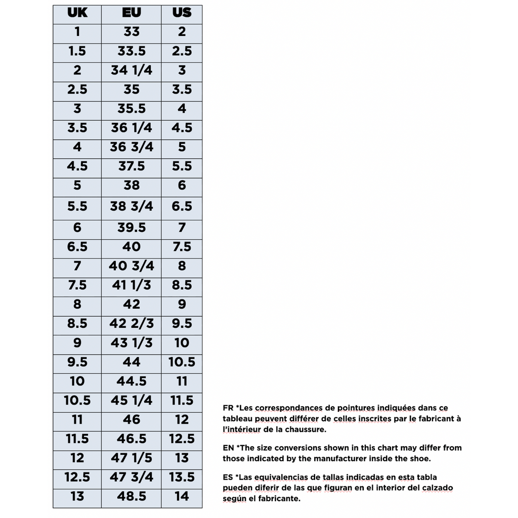 Tableau de conversion des pointures 4c+ pour chaussons d'escalade, affichant les équivalences UK, EU et US.