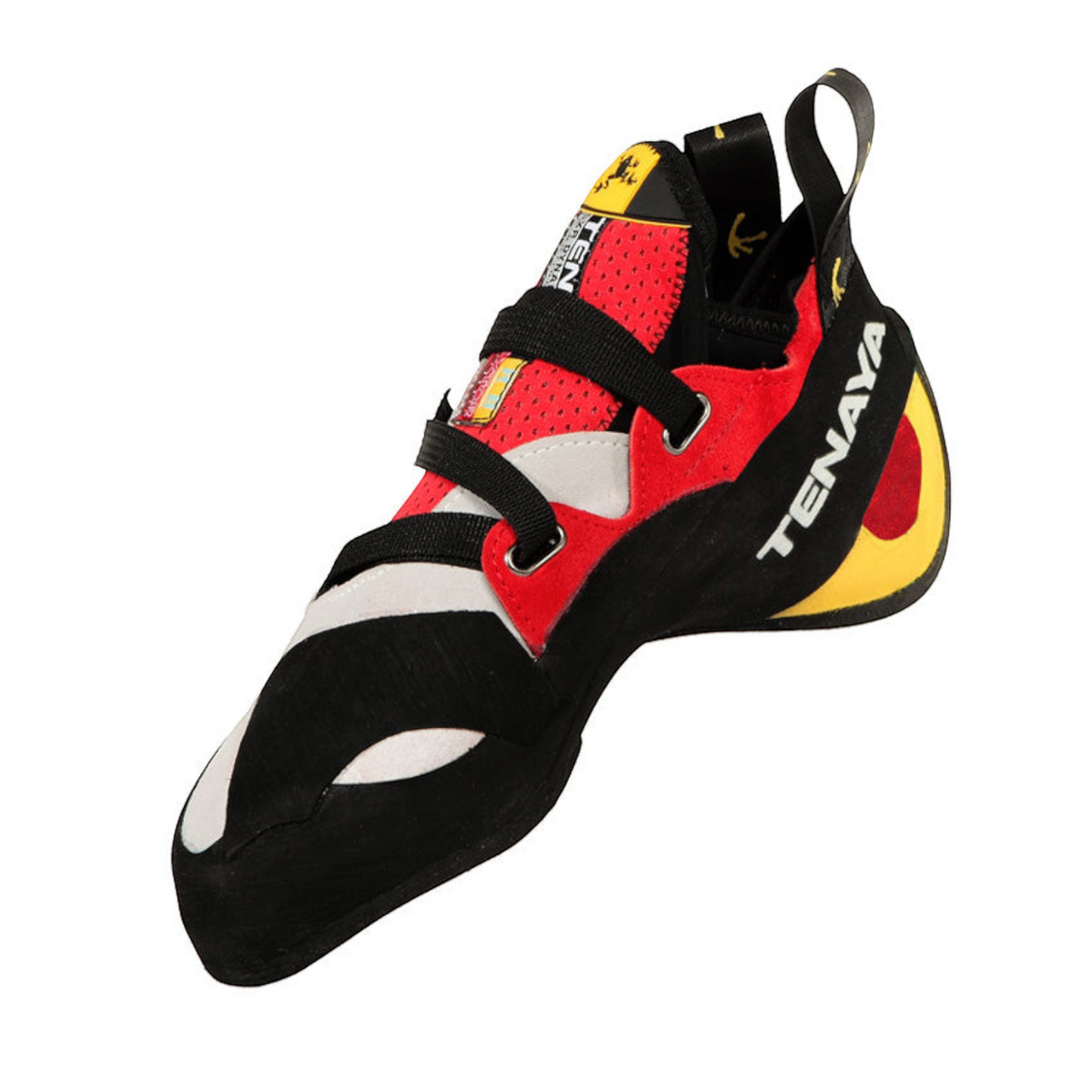 Chausson d'escalade 4c+ Tenaya Iati rouge, noir et jaune avec système de serrage velcro Draxtor haute performance