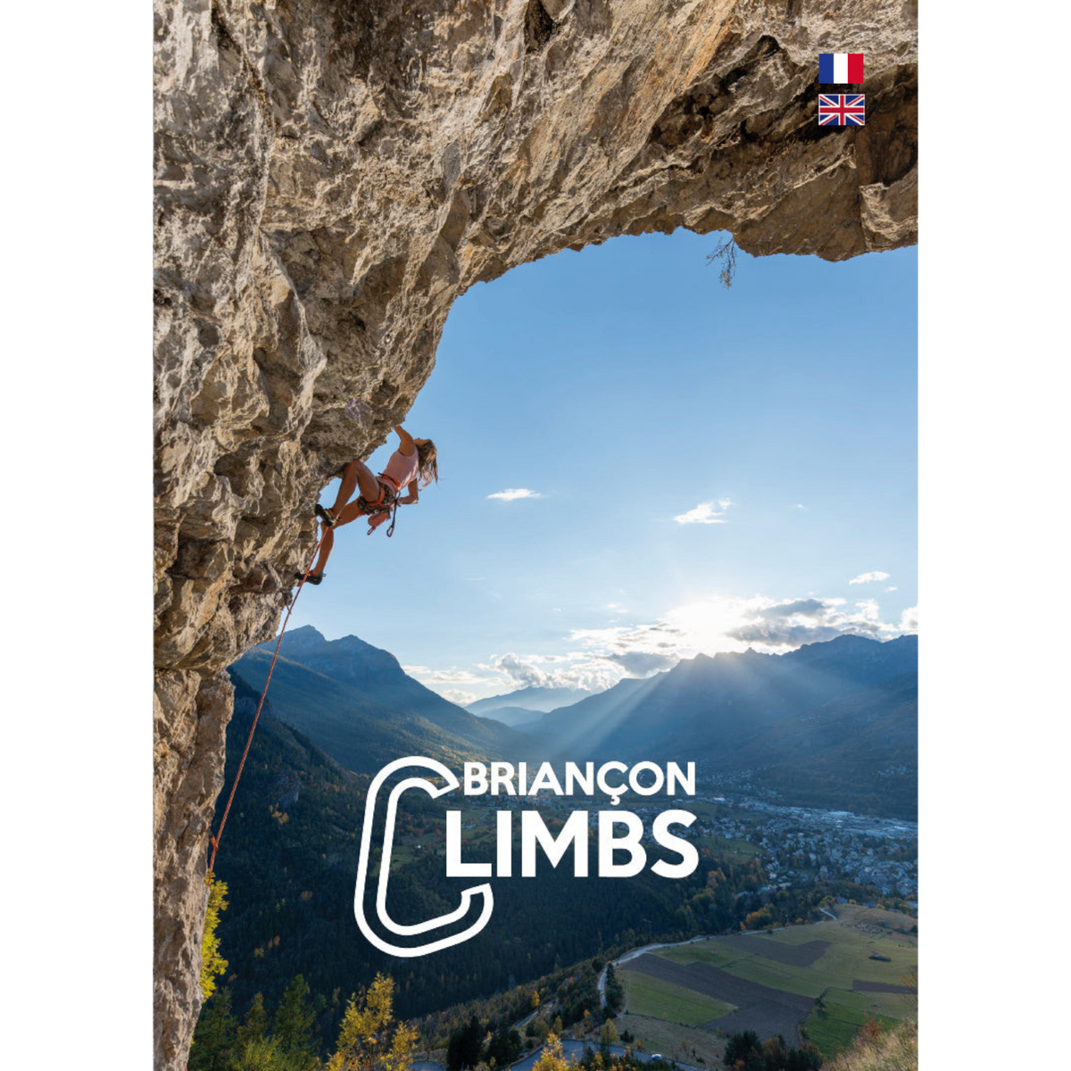 Couverture du topo d'escalade 4c+ Briançon Climbs 2026 montrant une grimpeuse sous une arche rocheuse en montagne