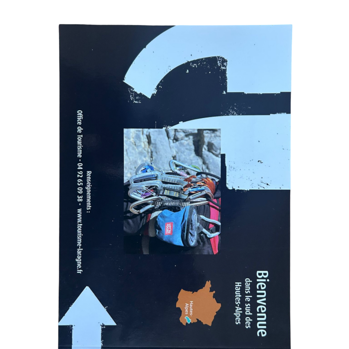 Topo d'escalade 4c+ Grimper dans le Val de Méouge avec photo de matériel de grimpe et carte des Hautes-Alpes