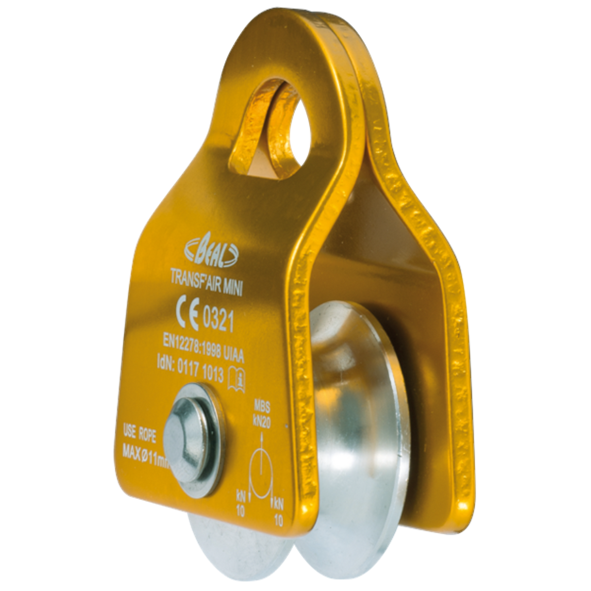 Poulie compacte et légère 4c+ Beal Transf'Air Mini en métal doré pour alpinisme et travaux sur corde