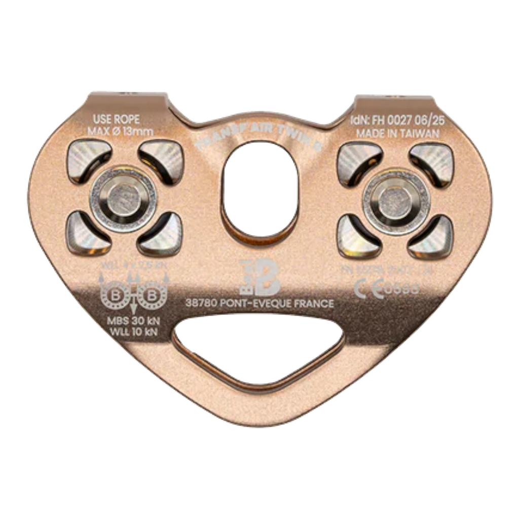 Poulie double 4c+ Transf'air Twin B en aluminium couleur bronze pour tyroliennes et systèmes de levage