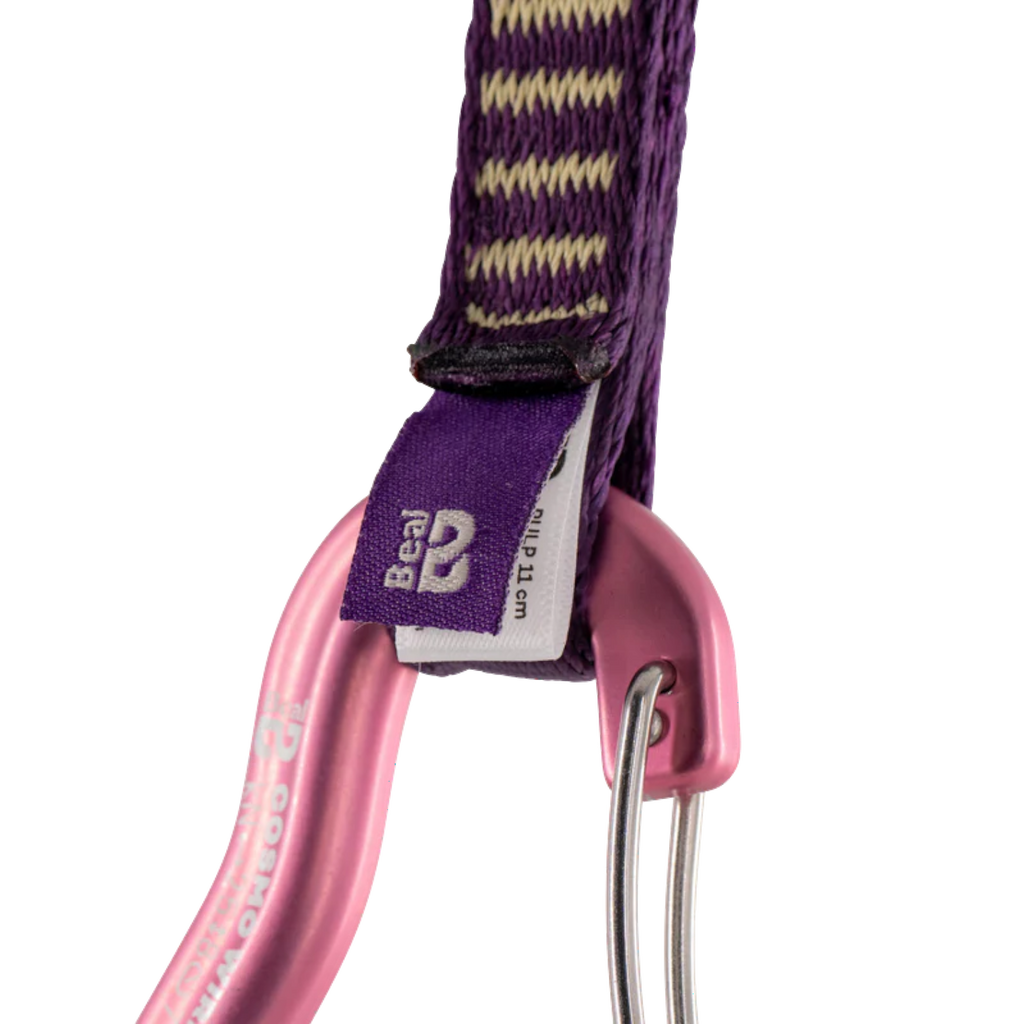 Dégaine d'escalade 4c+ Pulp Quickdraw 11cm avec sangle violette et mousqueton en aluminium rose